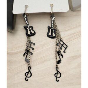 Retro Guitar Musical Note Dangle Earrings Clip On Silver Tone Musician